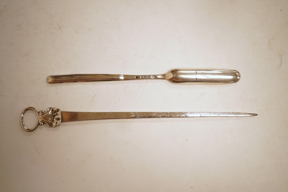 A George III silver meat skewer, with shell terminal and ring handle, Charles Hougham, London, 1780, 26.3cm, together with a George III silver marrow scoop, with engraved crest, Samuel Wintle, London, 1785.
